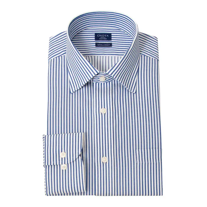 日清紡アポロコット 長袖 ワイシャツ メンズ 形態安定加工 ブルー ストライプ セミワイドカラー | 綿100％ 