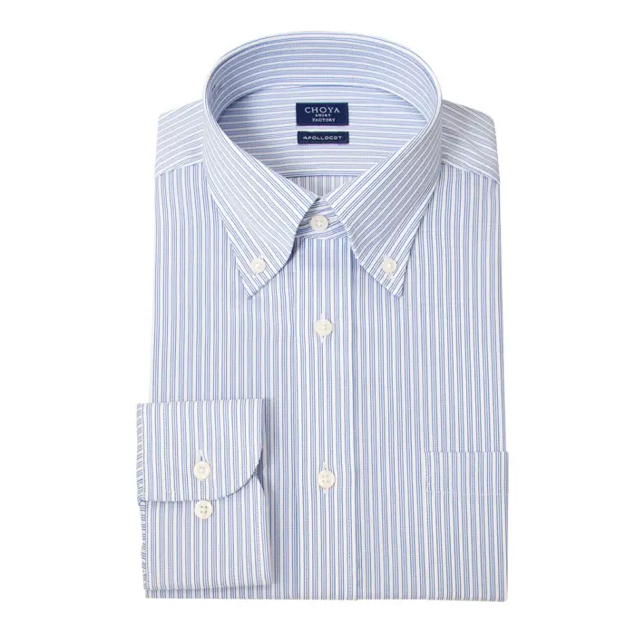 日清紡アポロコット 長袖 ワイシャツ メンズ 形態安定加工 ブルー ストライプ ボタンダウン | 綿100％ 