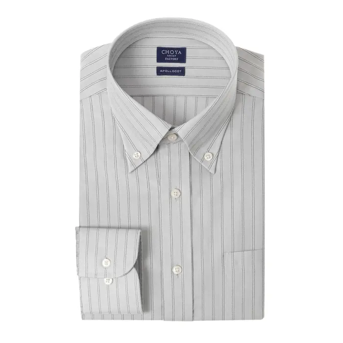 日清紡アポロコット 長袖 ワイシャツ メンズ 形態安定加工 グレー ストライプ ドビー ヘリンボーン ボタンダウン |綿100％ 