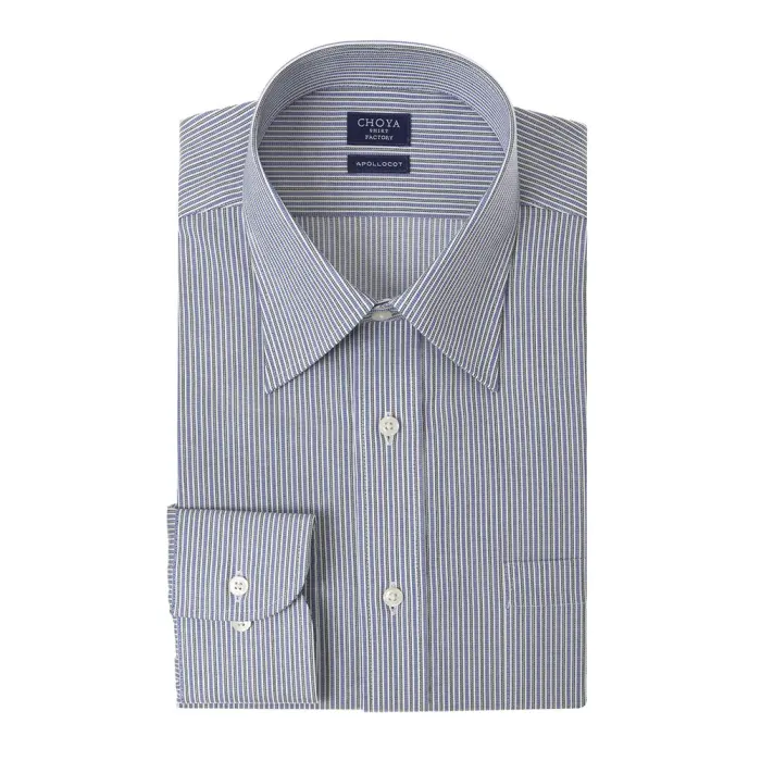 日清紡アポロコット 長袖 ワイシャツ メンズ 形態安定加工 ネイビー ストライプ レギュラーカラー |綿100％ 