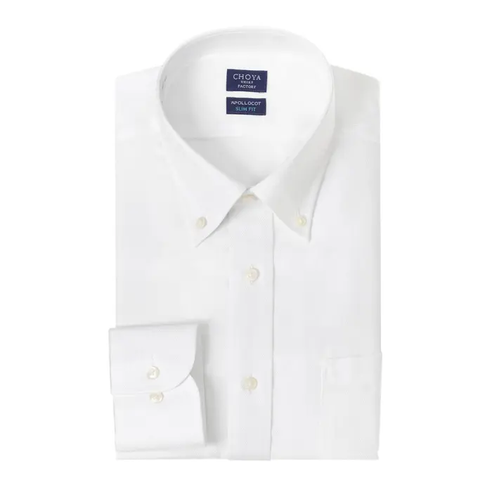 日清紡アポロコット スリムフィット 長袖 ワイシャツ メンズ 形態安定加工 ホワイト 白 ドビー ボタンダウン | 綿100％ 