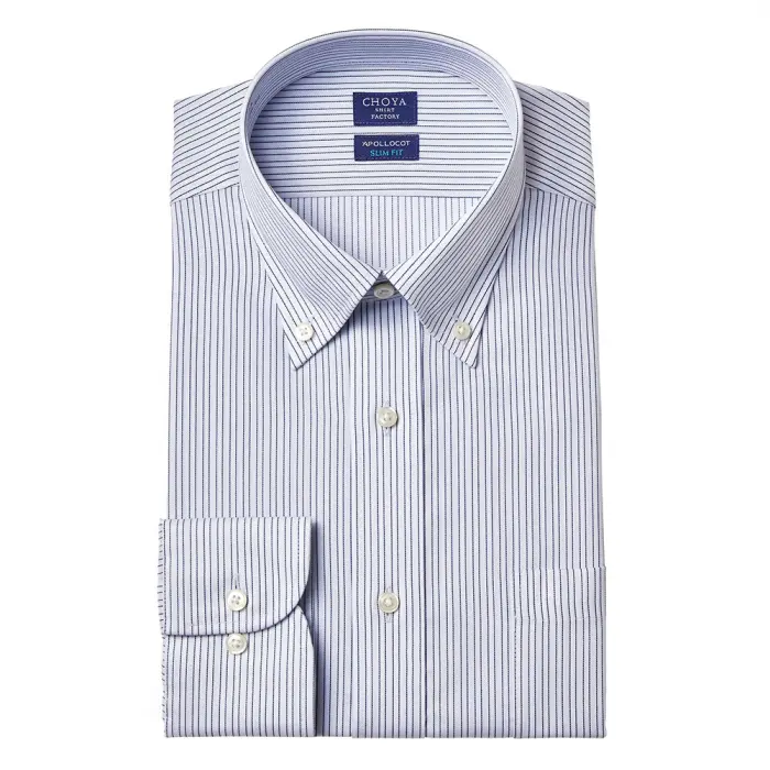 日清紡アポロコット スリムフィット 長袖 ワイシャツ メンズ 形態安定加工 ネイビー ストライプ ボタンダウン | 綿100％ 