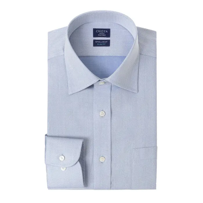 日清紡アポロコット スリムフィット 長袖 ワイシャツ メンズ 形態安定加工 ブルー ドビー セミワイドカラー | 綿100％ 