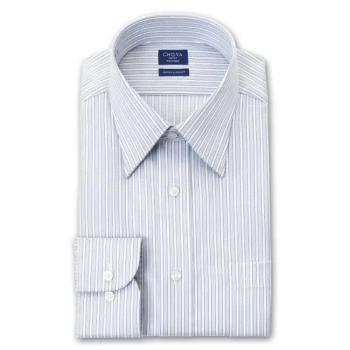日清紡アポロコット 長袖 ワイシャツ 形態安定加工 レギュラーカラー ブルー ストライプ 綿100％