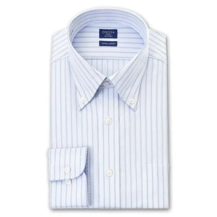 日清紡アポロコット 長袖 ワイシャツ 形態安定加工 ボタンダウン ブルー ストライプ 綿100％