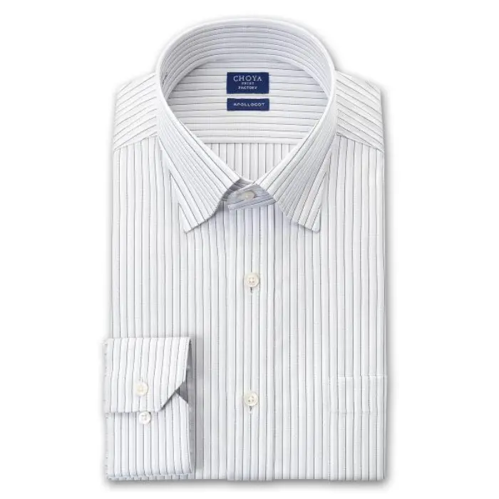 日清紡アポロコット 長袖 ワイシャツ 形態安定加工 スナップダウン グレー ストライプ 綿100％