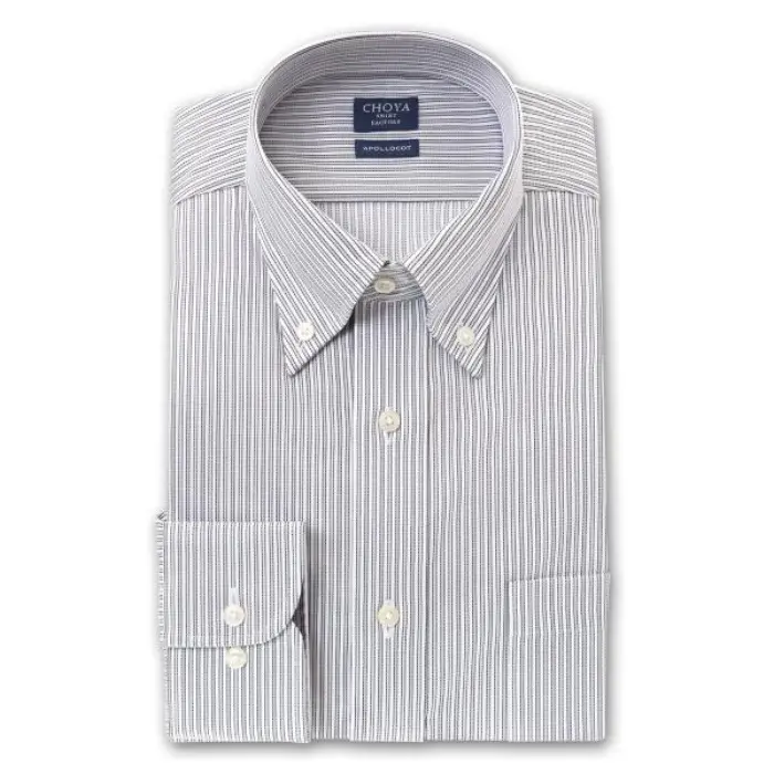 アポロコット 長袖 ワイシャツ メンズ 形態安定加工 ライトグレー ホワイト ブロックストライプ ツイル ボタンダウン | 綿100％