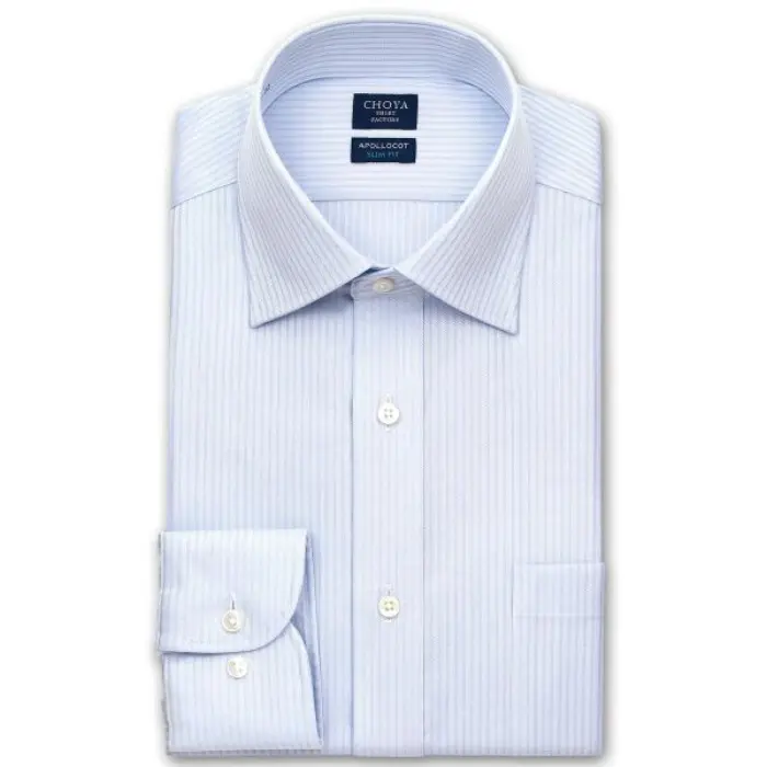 スリムフィット アポロコット 長袖 ワイシャツ メンズ 春夏秋冬 形態安定加工 ブルードビーストライプ ワイドカラー|綿100％