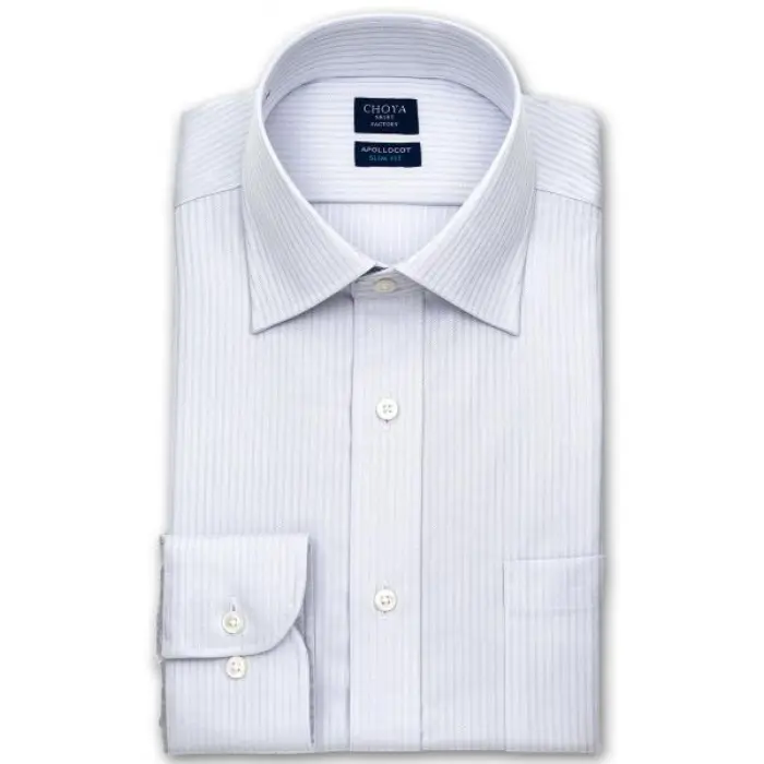 スリムフィット アポロコット 長袖 ワイシャツ メンズ 春夏秋冬 形態安定加工 グレードビーストライプ ワイドカラー|綿100％