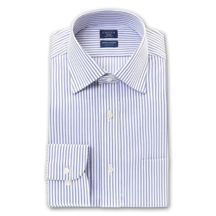 スリムフィット アポロコット 長袖 ワイシャツ メンズ 形態安定加工 ブルーパープルストライプ ワイドカラー|綿100％