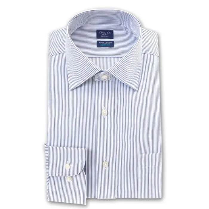 スリムフィット アポロコット 長袖 ワイシャツ メンズ 形態安定加工 ワイドカラー ブルーペンシルストライプ ツイル |綿100％