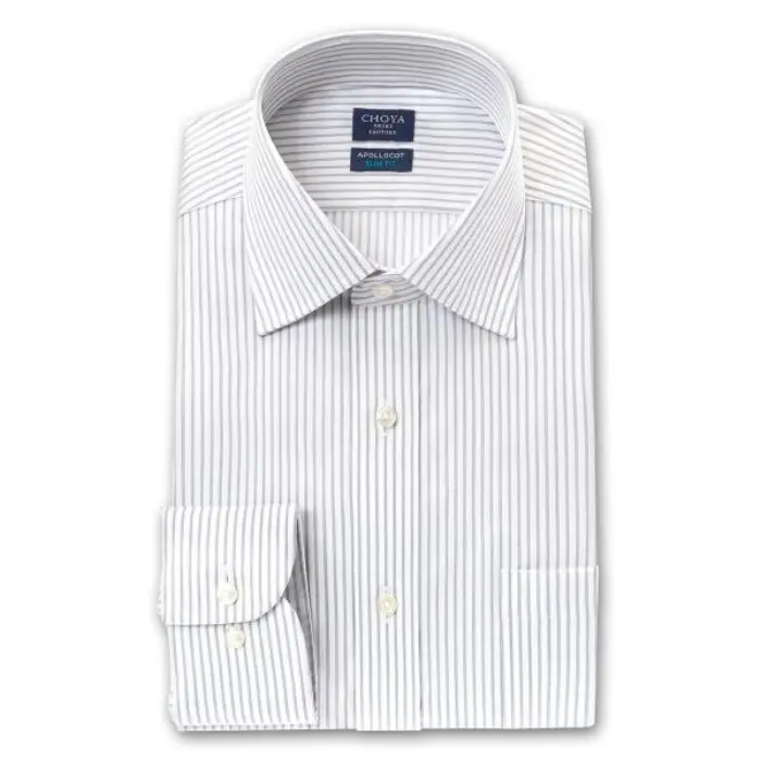 スリムフィット アポロコット 長袖 ワイシャツ メンズ 形態安定加工 グレーストライプ ワイドカラー|綿100％