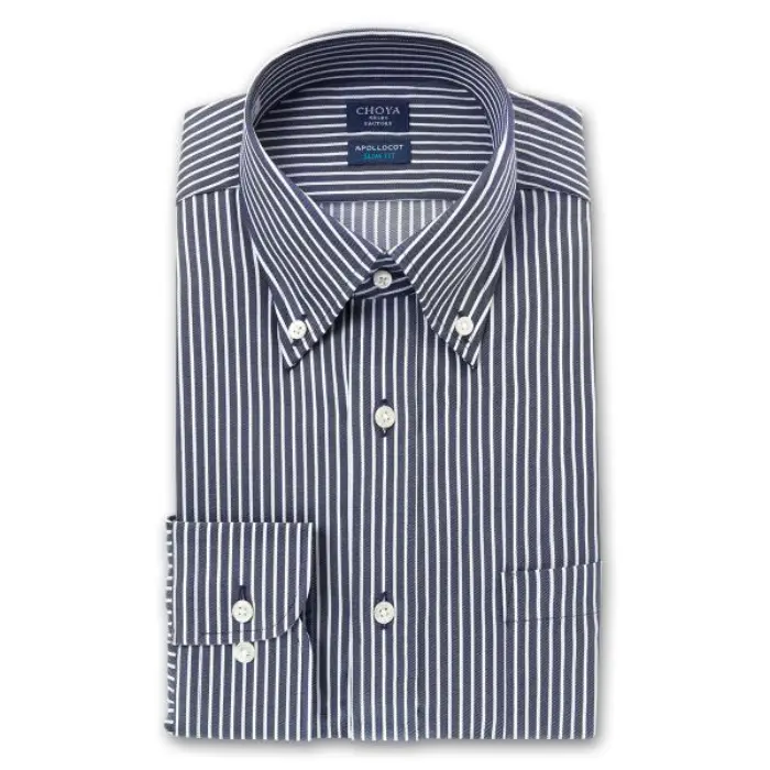 スリムフィット アポロコット 長袖 ワイシャツ メンズ 形態安定加工 ネイビー ホワイト ストライプ ボタンダウン|綿100％