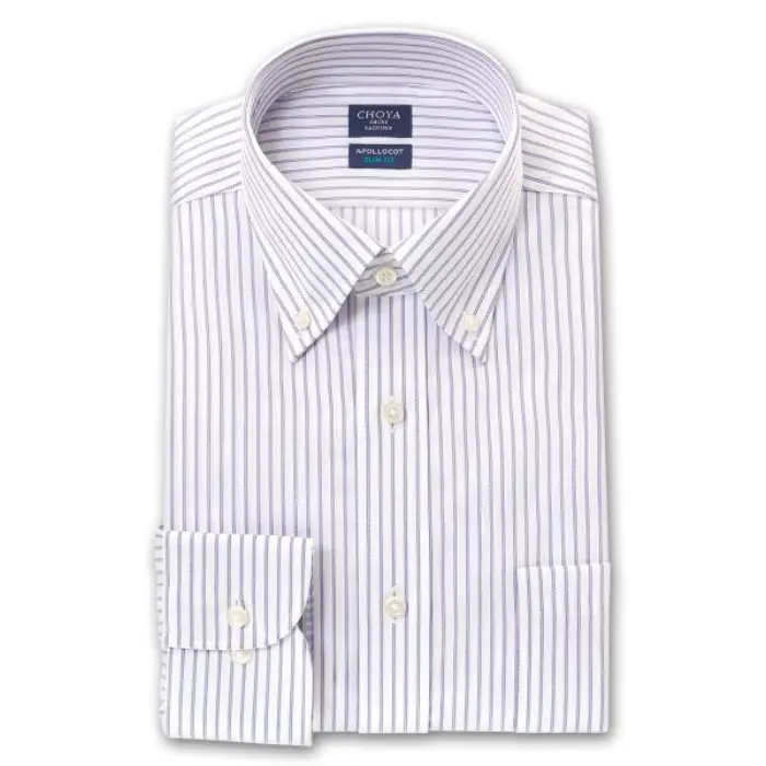 スリムフィット アポロコット 長袖 ワイシャツ メンズ 形態安定加工 パープルストライプ ボタンダウン|綿100％