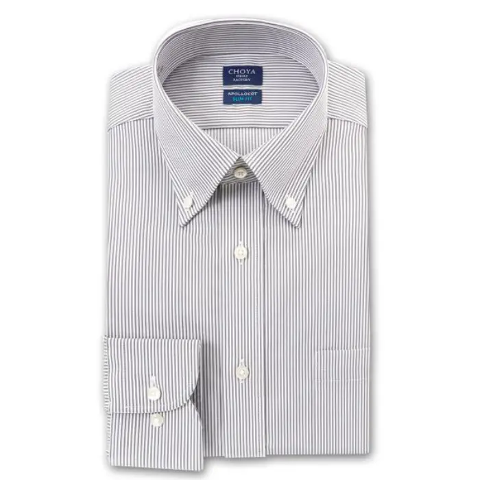 スリムフィット アポロコット 長袖 ワイシャツ ボタンダウン 形態安定加工 グレーブロックストライプ |綿100％