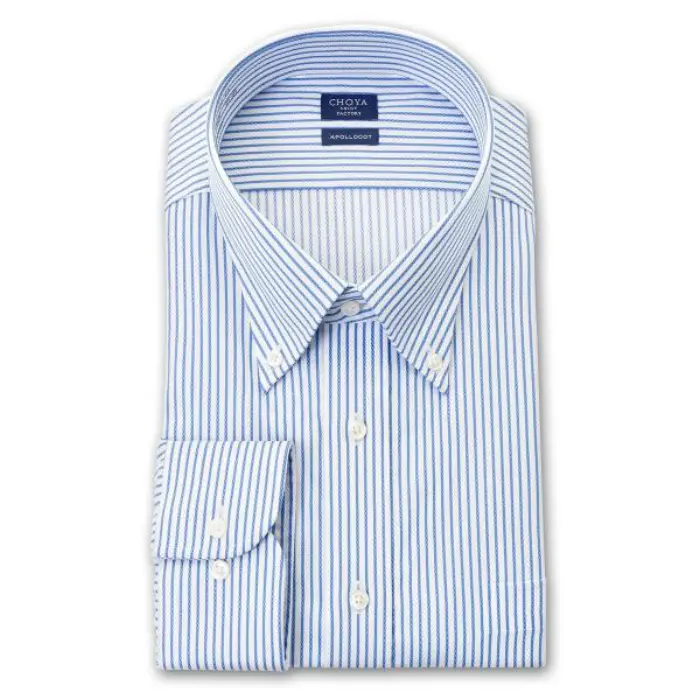 日清紡アポロコット 長袖 ワイシャツ 形態安定加工 ボタンダウン ブルーストライプ 綿100％ キングサイズ