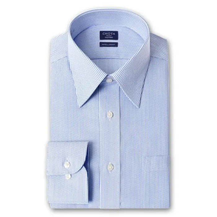 CHOYA SHIRT FACTORY 日清紡アポロコット ノーアイロン 長袖 ワイシャツ 形態安定加工 レギュラーカラー ブルー 青 ストライプ 綿100％