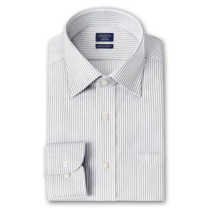 CHOYA SHIRT FACTORY 日清紡アポロコット ノーアイロン 長袖 ワイシャツ 形態安定加工 セミワイドカラー グレーストライプ 綿100％