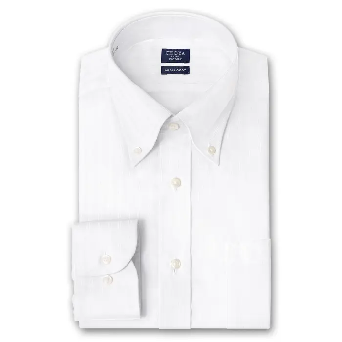 CHOYA SHIRT FACTORY 日清紡アポロコット ノーアイロン 長袖 ワイシャツ 形態安定加工 ボタンダウン 白ドビーストライプ 綿100％