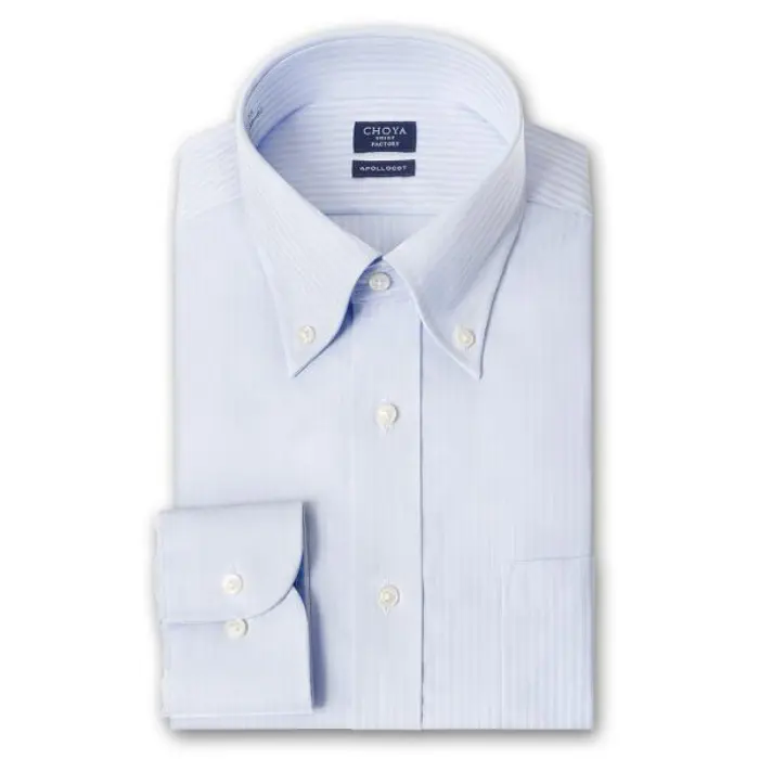 CHOYA SHIRT FACTORY 日清紡アポロコット ノーアイロン 長袖 ワイシャツ 形態安定加工 ボタンダウン ブルードビーストライプ 綿100％