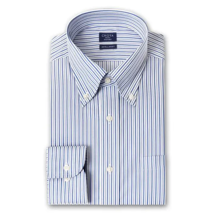 CHOYA SHIRT FACTORY 日清紡アポロコット ノーアイロン 長袖 ワイシャツ 形態安定加工 ボタンダウン ブルー ネイビー ストライプ 綿100％