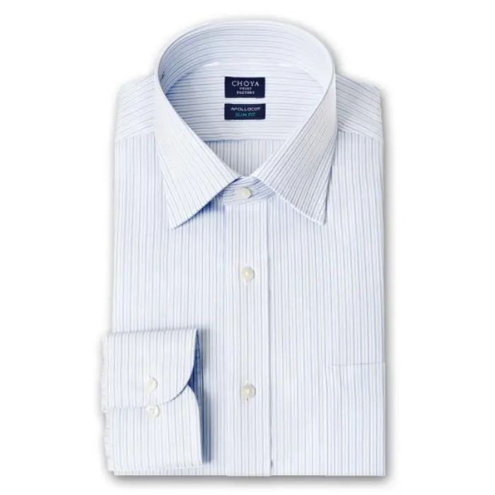 CHOYA SHIRT FACTORY 日清紡アポロコット スリムフィット ノーアイロン 長袖 ワイシャツ 形態安定加工 セミワイドカラー ブルー ストライプ 綿100％