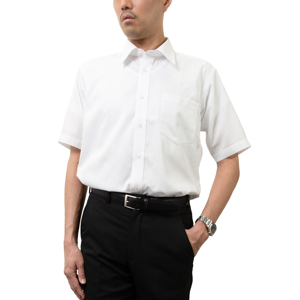ストライプチビエリシャツ　サイズフリー　新品 ホワイトドビーストライプ ワイドカラー ワイシャツ 長袖 メンズ ノー