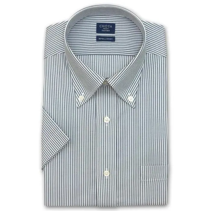日清紡アポロコット 半袖 COOL CONSCIOUS ワイシャツ メンズ 夏 形態安定加工 ネイビーストライプ ボタンダウンシャツ|綿100％ ネイビー チョーヤシャツ