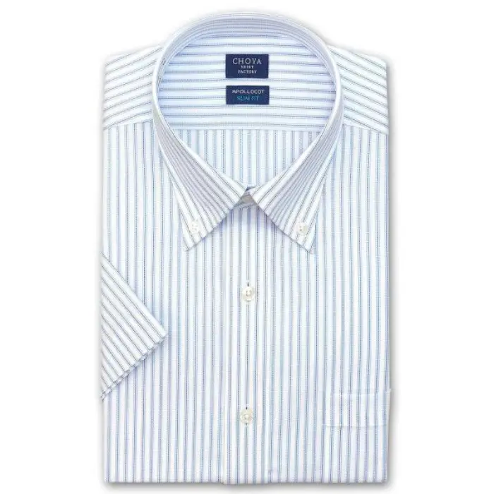 スリムフィット 日清紡アポロコット 半袖 ワイシャツ メンズ 夏 形態安定加工 ブルーストライプ ボタンダウンシャツ|綿100％ ブルー チョーヤシャツ