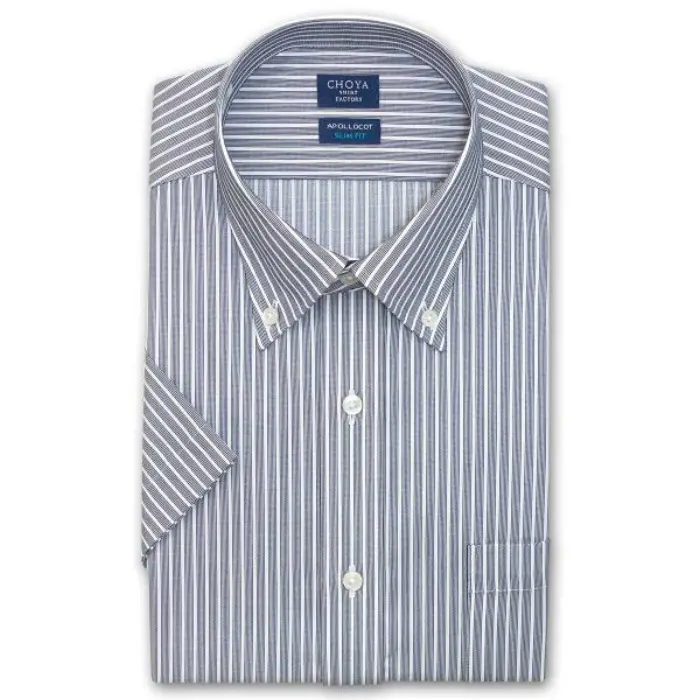 スリムフィット 日清紡アポロコット 半袖 ワイシャツ メンズ 夏 形態安定加工 ネイビーストライプ ボタンダウンシャツ|綿100％ ネイビー チョーヤシャツ