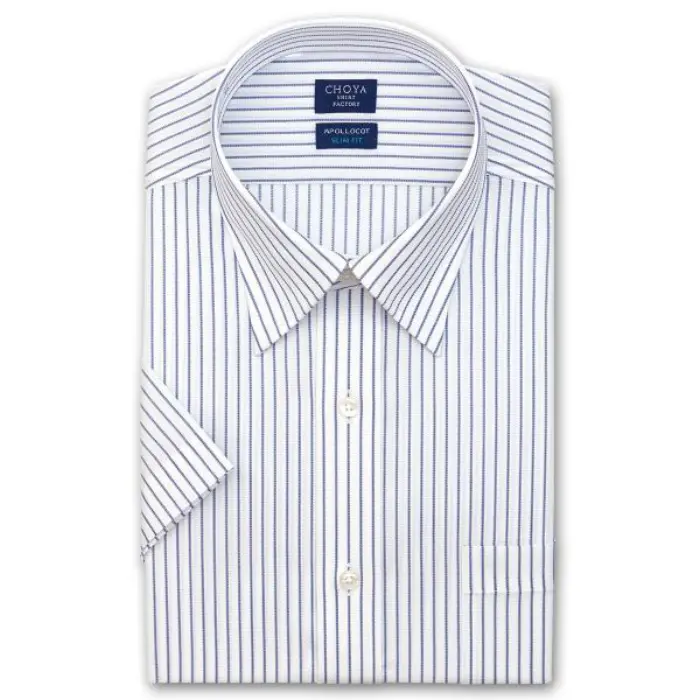 スリムフィット 日清紡アポロコット 半袖 ワイシャツ メンズ 夏 形態安定加工 ブルーストライプ スナップダウンシャツ|綿100％ ブルー チョーヤシャツ