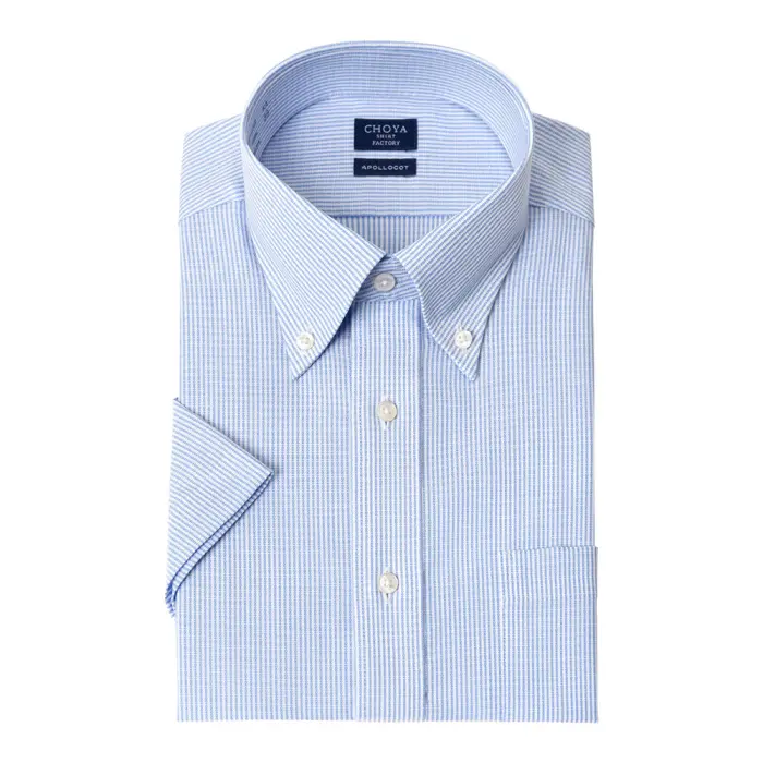 CHOYAシャツ Yシャツ 日清紡アポロコット 半袖ワイシャツ メンズ 形態安定 ノーアイロン 綿100%  高級 上質 青 ブルー ストライプ ボタンダウンシャツ CHOYA SHIRT FACTORY
