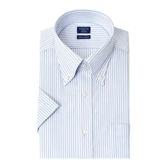 CHOYAシャツ Yシャツ 日清紡アポロコット 半袖ワイシャツ メンズ 形態安定 ノーアイロン 綿100%  高級 上質 青 ブルー ストライプ ボタンダウンシャツ CHOYA SHIRT FACTORY