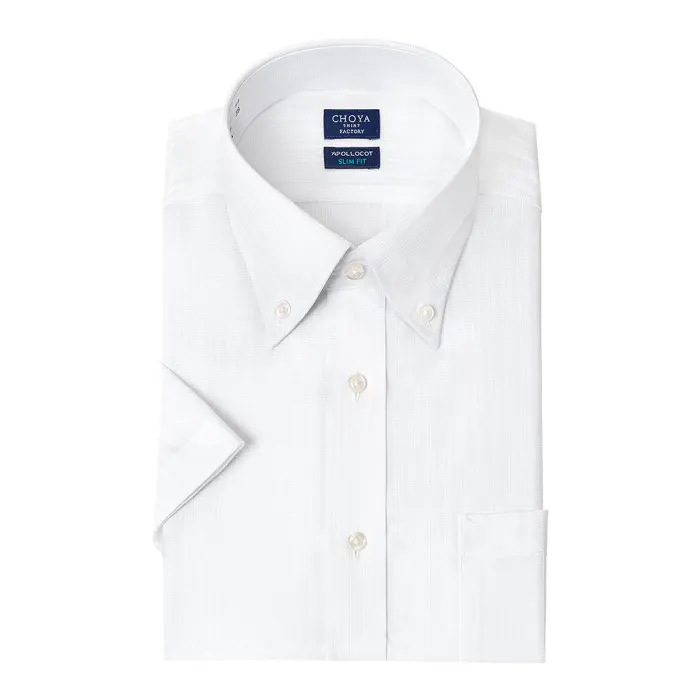 CHOYAシャツ Yシャツ 日清紡アポロコット 半袖ワイシャツ スリムフィット メンズ 形態安定 ノーアイロン 綿100%  高級 上質 ホワイト 白ドビー ストライプ ボタンダウンシャツ CHOYA SHIRT FACTORY