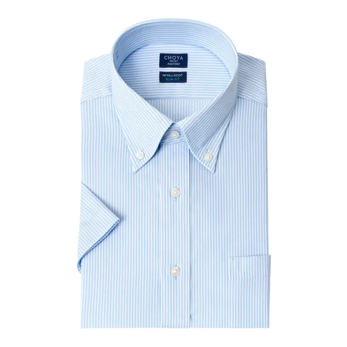 CHOYAシャツ Yシャツ 日清紡アポロコット 半袖ワイシャツ スリムフィット メンズ 形態安定 ノーアイロン 綿100%  高級 上質 ブルー ストライプ ボタンダウンシャツ CHOYA SHIRT FACTORY