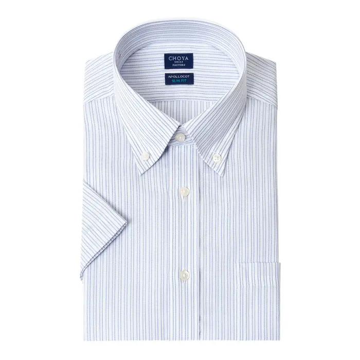 CHOYAシャツ Yシャツ 日清紡アポロコット 半袖ワイシャツ スリムフィット メンズ 形態安定 ノーアイロン 綿100%  高級 上質 青 ブルーストライプ ボタンダウンシャツ CHOYA SHIRT FACTORY