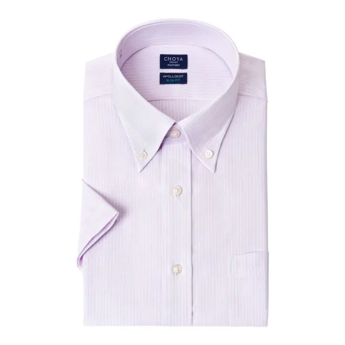 CHOYAシャツ Yシャツ 日清紡アポロコット 半袖ワイシャツ スリムフィット メンズ 形態安定 ノーアイロン 綿100%  高級 上質 紫 パープル ストライプ ボタンダウンシャツ CHOYA SHIRT FACTORY