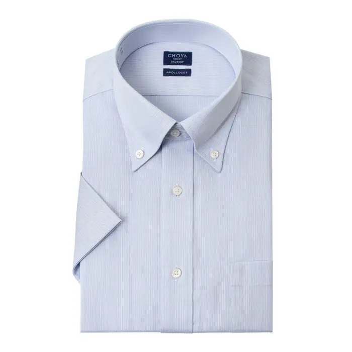 日清紡アポロコット 半袖 ワイシャツ メンズ 夏 形態安定加工 青ストライプ ボタンダウンシャツ|綿100％ ブルー チョーヤシャツ 