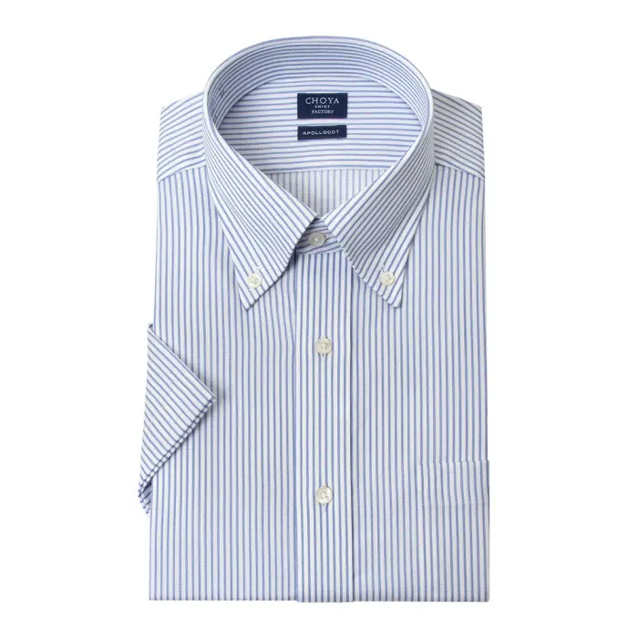日清紡アポロコット 半袖 ワイシャツ メンズ 夏 形態安定加工 ブルー ストライプ ボタンダウン |綿100％ チョーヤシャツ 