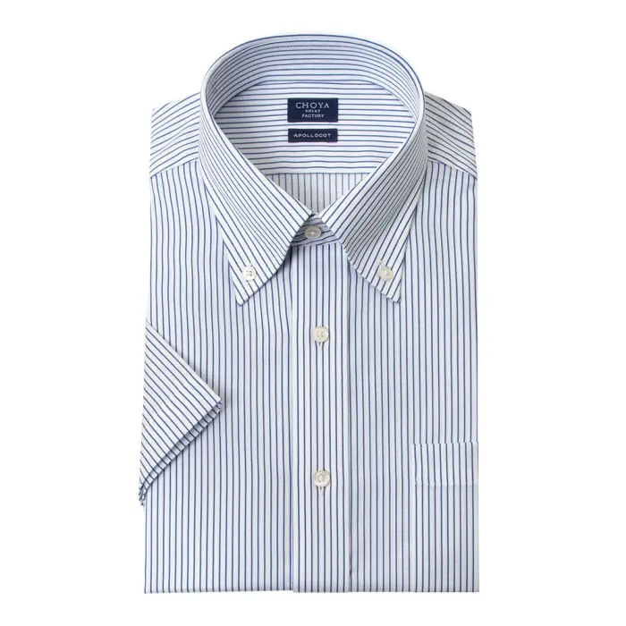 日清紡アポロコット 半袖 ワイシャツ メンズ 夏 形態安定加工 青ストライプ ボタンダウンシャツ|綿100％ ブルー チョーヤシャツ 