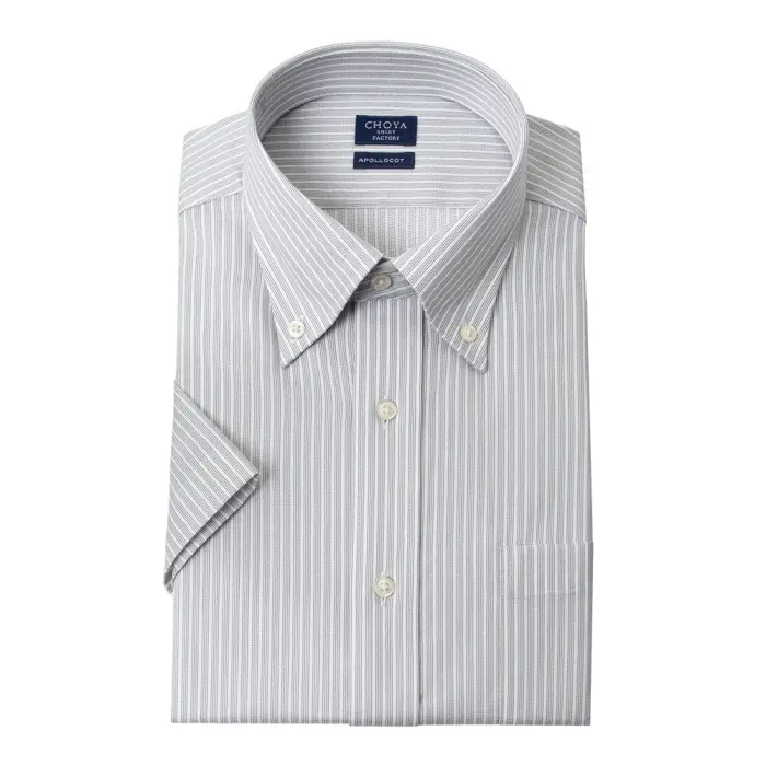 日清紡アポロコット 半袖 ワイシャツ メンズ 夏 形態安定加工 グレーストライプ ボタンダウン |綿100％ チョーヤシャツ 