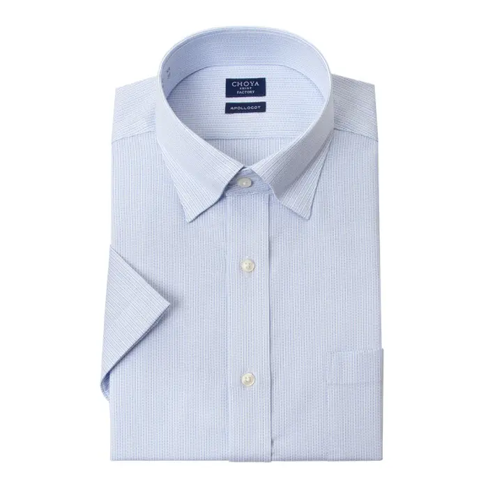 日清紡アポロコット 半袖 ワイシャツ メンズ 夏 形態安定加工 青ストライプ スナップダウン |綿100％ ブルー チョーヤシャツ 