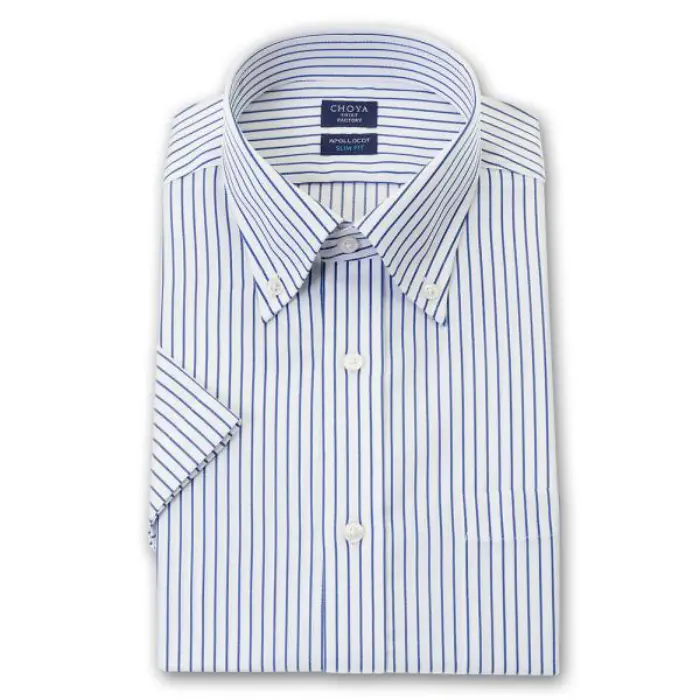 CHOYAシャツ Yシャツ スリムフィット 日清紡アポロコット 半袖 ワイシャツ メンズ 夏 形態安定 ブルーストライプ ボタンダウンシャツ 綿100% 青 チョーヤシャツ CHOYA SHIRT FACTORY