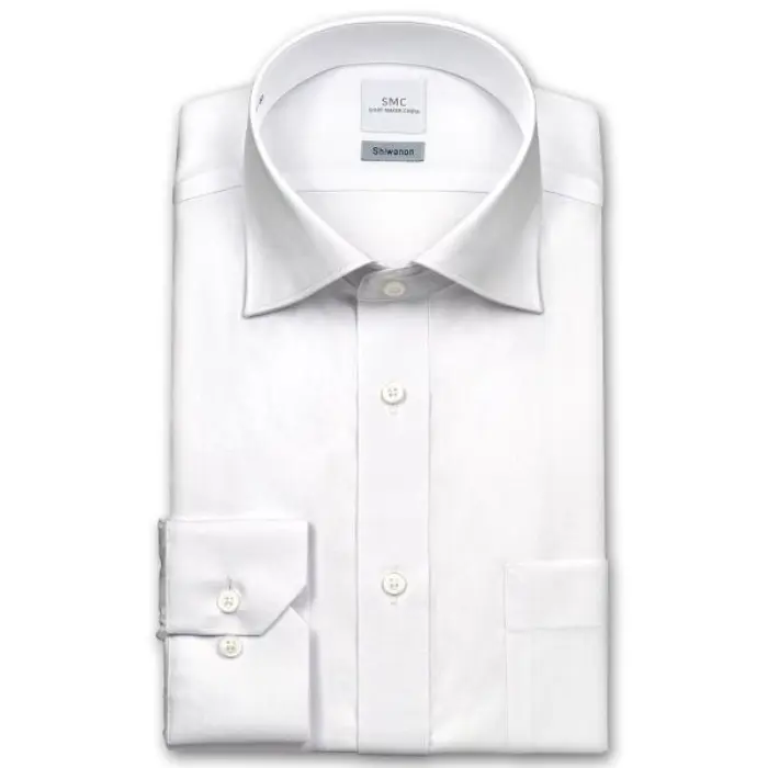 Shiwanon 長袖 ワイシャツ メンズ 春夏秋冬 標準体 形態安定 TCツイル ワイドカラーシャツ|綿50% ポリエステル50% ホワイト 