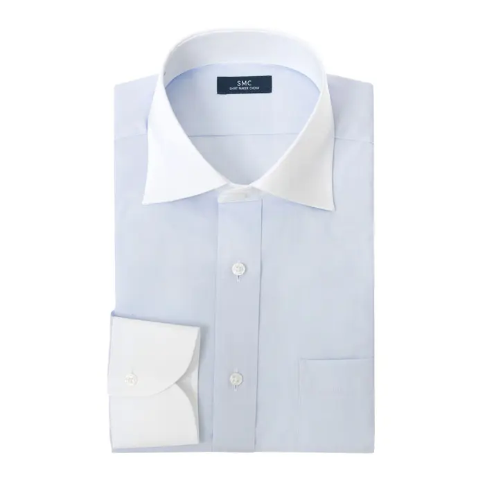 ワイシャツ メンズ 長袖 綿100％ 形態安定 クレリック セミワイドカラー ピンオックス ブルー SHIRT MAKER CHOYA
