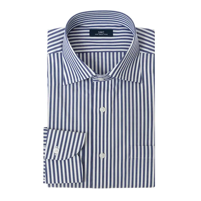 ワイシャツ メンズ 長袖 綿100％ 形態安定  ネイビー ロンドンストライプ セミワイドカラー SHIRT MAKER CHOYA