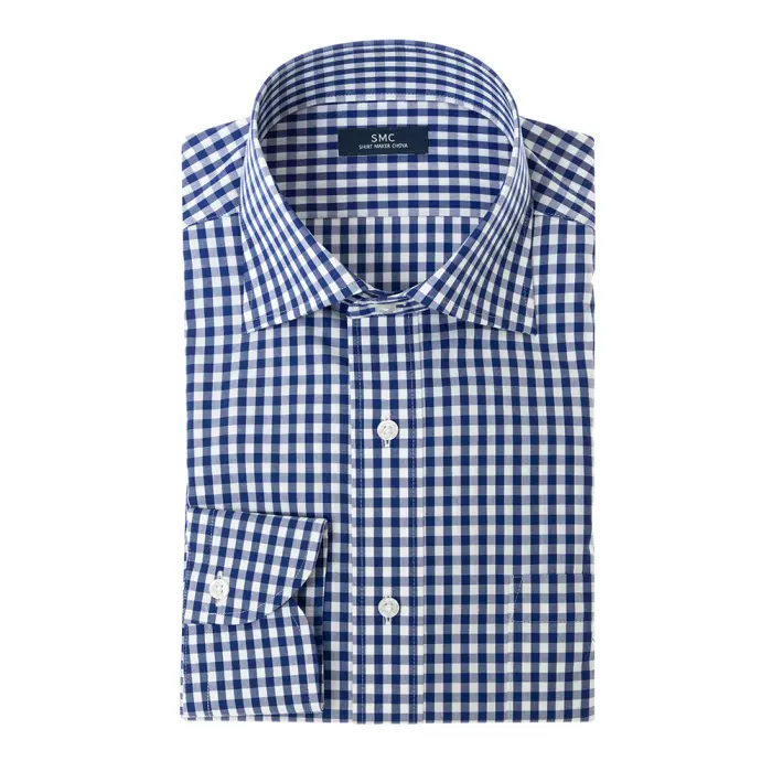 ワイシャツ メンズ 長袖 綿100％ 形態安定  ネイビー ギンガムチェック セミワイドカラー SHIRT MAKER CHOYA