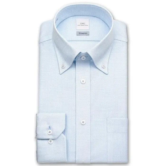 Shiwanon 長袖 ワイシャツ メンズ 春夏秋冬 形態安定加工 ブルードビー ボタンダウンシャツ|綿50% ポリエステル50% ブルー