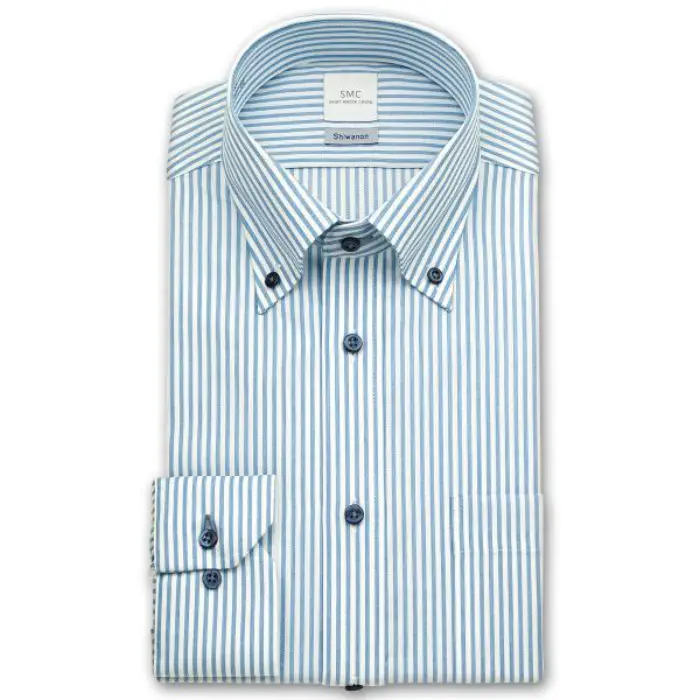 Shiwanon 長袖 ワイシャツ メンズ 春夏秋冬 形態安定加工 ブルーのロンドンストライプ ボタンダウンシャツ|綿50% ポリエステル50% ブルー
