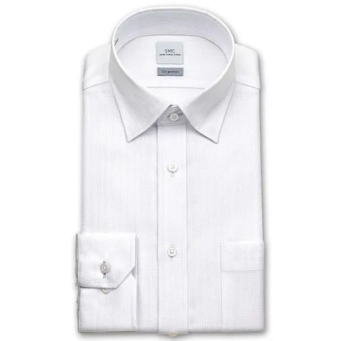 Shiwanon 長袖 ワイシャツ メンズ 春夏秋冬 形態安定加工 白ドビーのクラスターストライプ スナップダウンシャツ|綿50% ポリエステル50% ホワイト